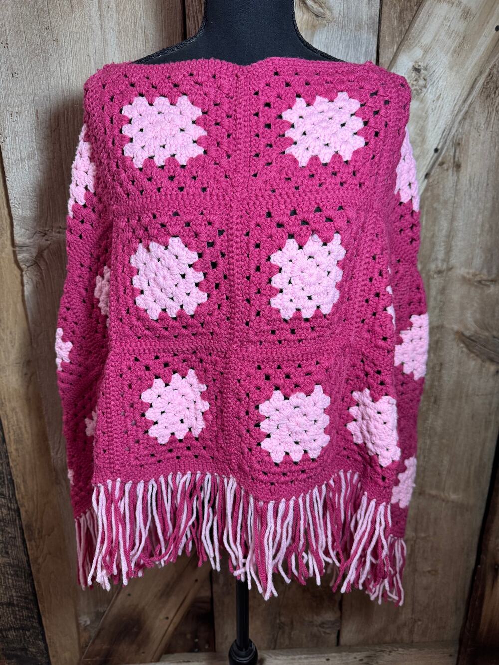 Handmade Crochet Granny Square Poncho Dark & Light Pink Bottom Fringe Boho